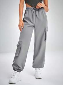 SHEIN ICON Gorpcore Drawstring Waist Flap Pocket Cargo Parachute Trousers - Grey - View 1