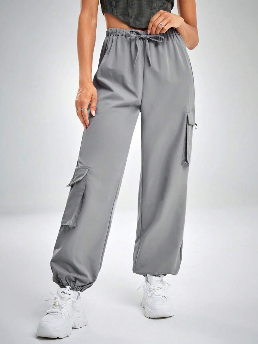 SHEIN ICON Gorpcore Drawstring Waist Flap Pocket Cargo Parachute Trousers - Grey - View 1