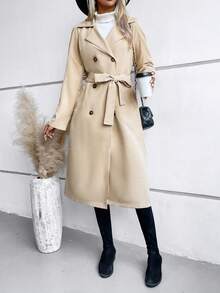 SHEIN Clasi Gabardina de cuello con solapa de doble botonadura con cinturón - Caqui - Ver 4