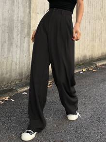 DAZY 高腰褶皱细节阔腿裤，女士春秋休闲纽扣、褶皱、拉链自然直腿长款黑色常规版型女裤，休闲日常穿着，女士正装裤 - 黑色 - 查看 4