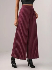 Bryanna 高腰百褶闊腿褲 - 酒紅色 - 查看 5