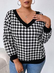 SHEIN CURVE+ Plus Houndstooth Print Drop Shoulder Sweatshirt - Black - View 1
