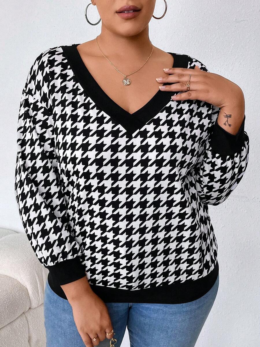 SHEIN CURVE+ Plus Houndstooth Print Drop Shoulder Sweatshirt - Black - View 1