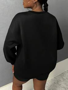 Slaydiva 大碼字母圖案落肩袖運動衫 - 黑色 - 查看 2