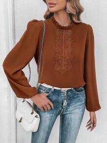 SHEIN Frenchy Guipure Lace Insert Lantern Sleeve Frill Trim Blouse - Rust Brown - View 6