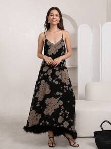 SHEIN Privé Floral Print Fuzzy Trim Cami Dress - Multicolor - View 3