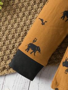 男小童滿版動物印花拼接邊睡衣套裝 - 駝色 - 查看 5