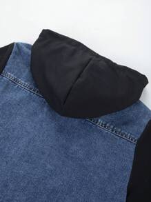 SHEIN Tween Boy Colorblock Hooded 2 In 1 Denim Jacket Without Tee Chic Outfits For Autumn/Winter - Dark Wash - View 3