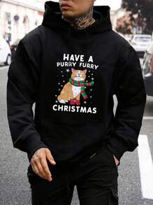 Manfinity Homme Men Christmas Print Kangaroo Pocket Drawstring Hoodie - Black - View 1