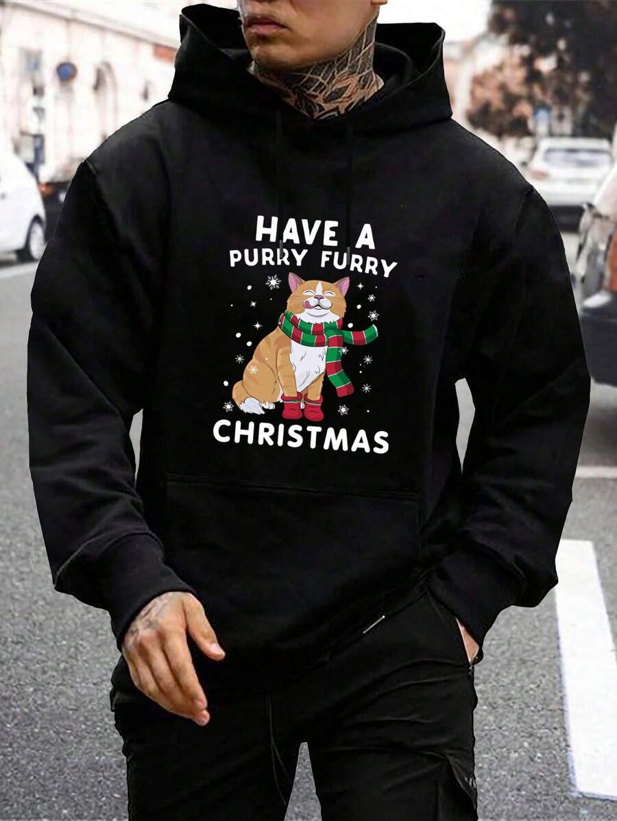 Manfinity Homme Men Christmas Print Kangaroo Pocket Drawstring Hoodie - Black - View 1