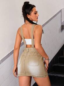 SHEIN ICON Slant Pocket Belted Overall Denim Dress Without Tube Top - Khaki - View 2