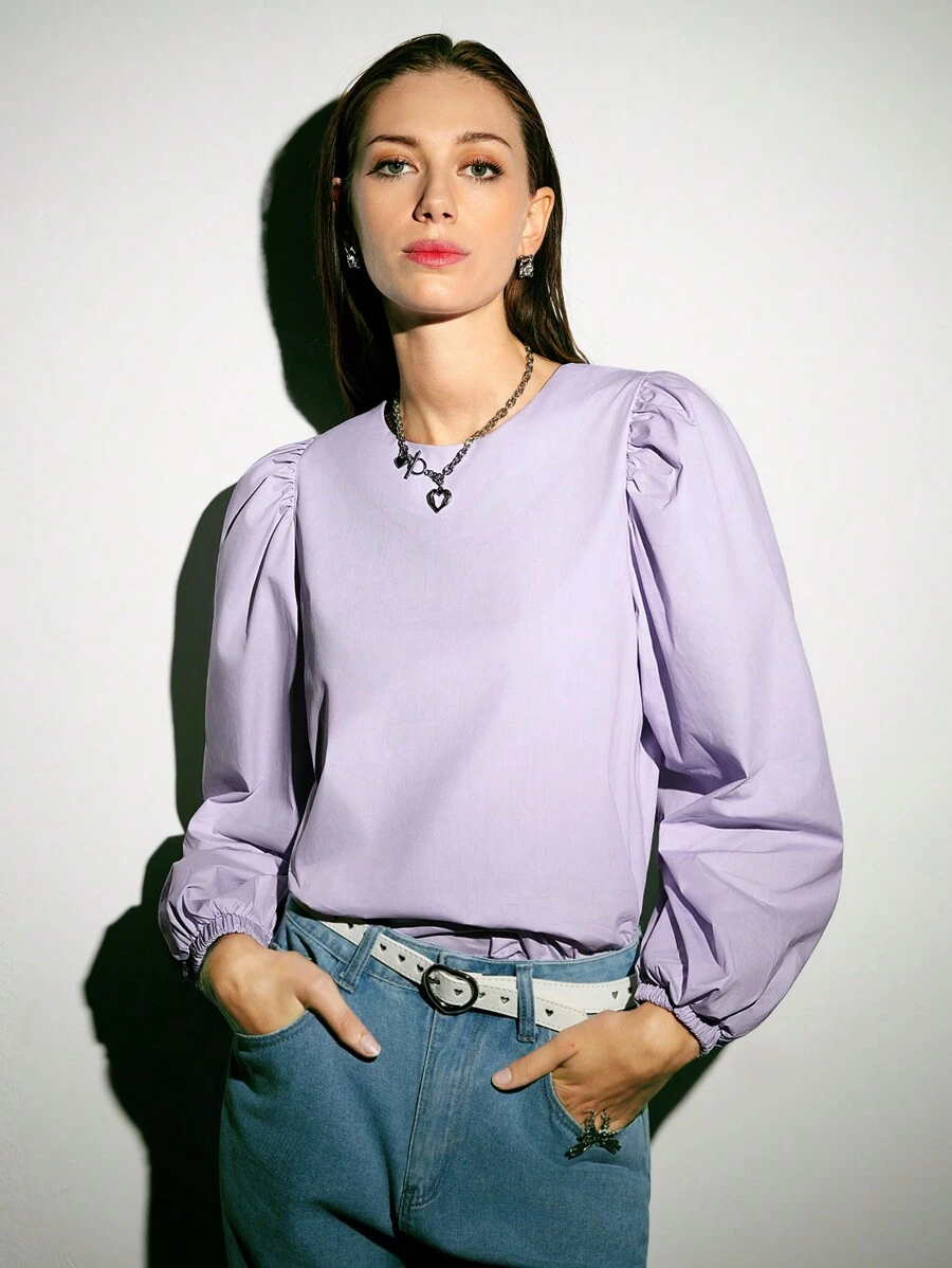 DAZY 純色泡泡袖上衣 - 紫丁香色 - 查看 1