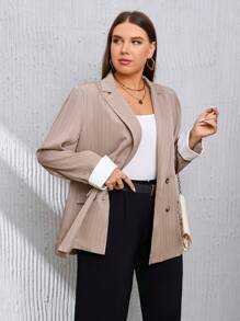 SHEIN Privé 大碼條紋印花雙排釦西裝外套 - 卡其色 - 查看 3