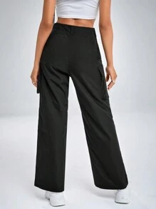 SHEIN Unity 休闲纯色直筒工装裤 - 黑色 - 查看 2