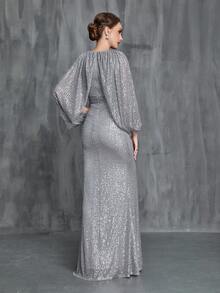 Vestido elegante de la madre de la novia con manga dividida, cola de sirena y lentejuelas - Gris - Ver 2