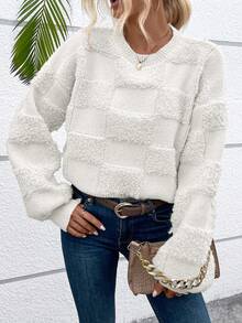 SHEIN Essnce 素色落肩袖絨毛套頭毛衣 - 白色 - 查看 3