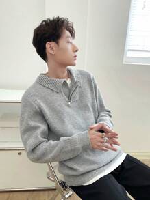 Manfinity Hypemode 男士翻領半拉鍊針織毛衣 - 灰色 - 查看 1