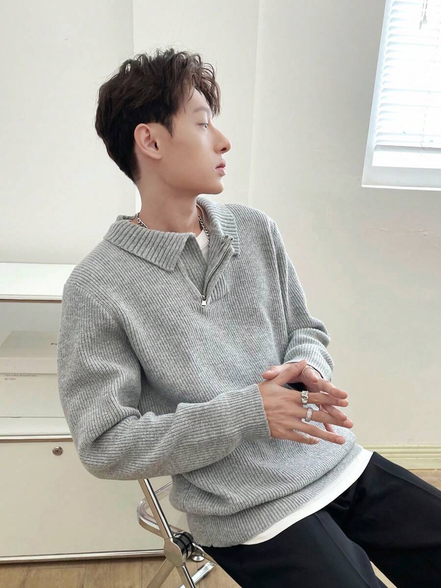 Manfinity Hypemode 男士翻領半拉鍊針織毛衣 - 灰色 - 查看 1