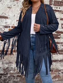 SHEIN LUNE Plus Fringe Trim Open Front Suedette Coat - Navy Blue - View 5