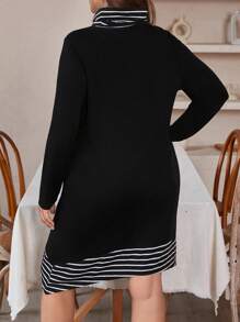 SHEIN LUNE 加大碼條紋抽繩領連衣裙 - 黑色 - 查看 2