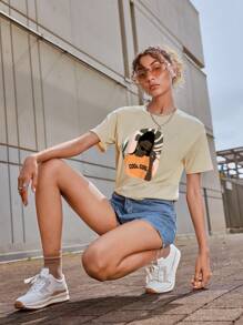 SHEIN EZwear 人物和字母圖案T恤 - 杏色 - 查看 7