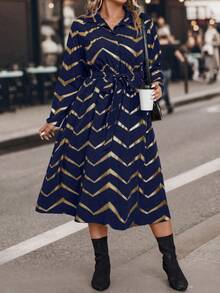 SHEIN LUNE Hơn In Chevron Thắt lưng Váy sơ mi - Xanh đậm - Xem 5