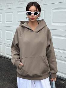 DAZY 女士休闲字母印花连帽抓绒卫衣，秋冬连帽衫 - 咖啡棕 - 查看 5