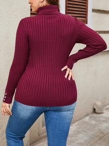 EMERY ROSE 大碼高領鈕扣袖口套頭毛衣 - 中紫紅色 - 查看 2