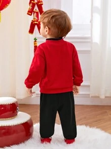 SHEIN طفل رضيع الكرتون 1pc الكرتون المطرزة وهمية الرقبة البلوز و1pc Sweatpants - متعدد الألوان - مشاهدة 3