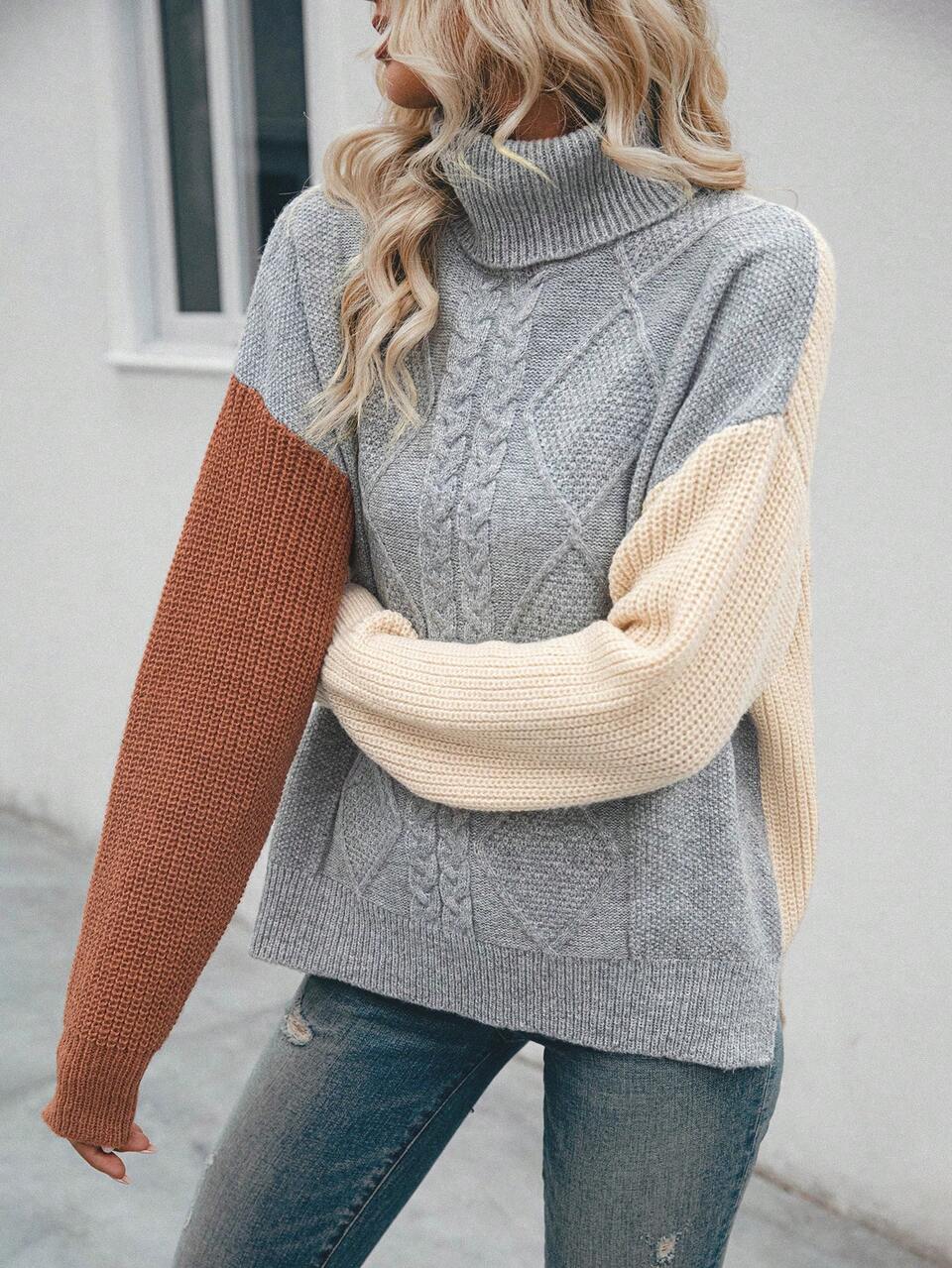 Colorblock Turtleneck Cable Knit Drop Shoulder Knit Pullover Fall Winter Sweater