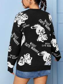 SHEIN EZwear Letter & Cartoon Pattern Drop Shoulder Sweater - Black - View 2