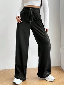 SHEIN Unity Pantalones de pierna ancha con puntada - Negro - Ver 6