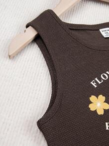 SHEIN Tween Girl Letter Graphic Hooded Jacket & Flare Leg Pants & Tank Top - Khaki - View 5