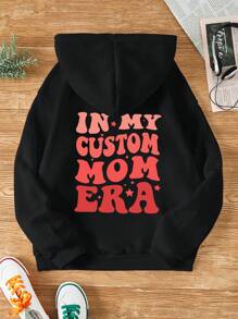 SHEIN EZwear 标语图案袋鼠口袋抽绳保暖内衬连帽衫 - 黑色 - 查看 1