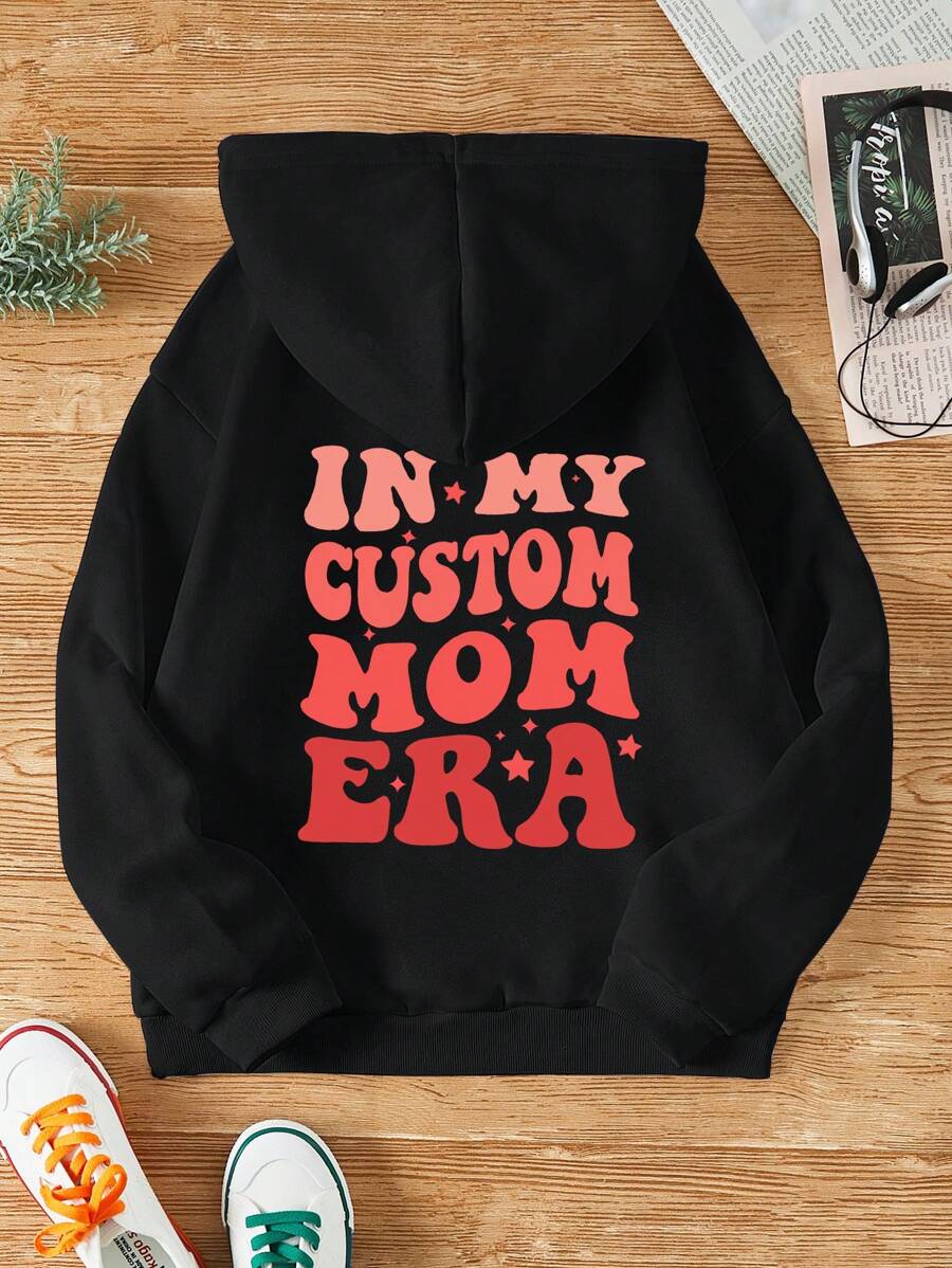 SHEIN EZwear 标语图案袋鼠口袋抽绳保暖内衬连帽衫 - 黑色 - 查看 1