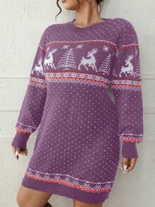 SHEIN LUNE Vestido Estilo Suéter Con Estampado De Árbol Y Ciervo Navideño, Talla Grande - Morado - Ver 5