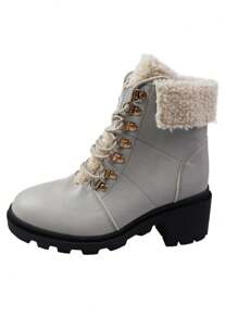 女款及踝靴，休閒，保暖，粗跟，純色，繫帶，圓頭，人造羔羊毛短靴 - 灰色 - 查看 2