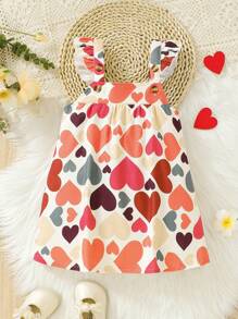 Baby Girl Heart Print Ruffle Trim Cami Dress - Multicolor - View 1