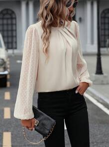 SHEIN Frenchy Swiss Dot Lantern Sleeve Plicated Detail Keyhole Back Blouse - Apricot - View 4
