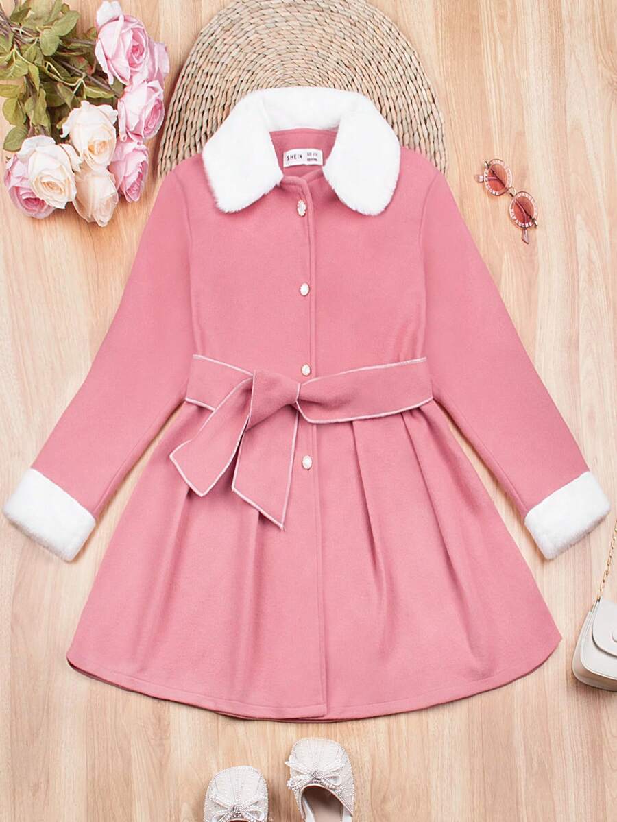 SHEIN Tween Girl Borg Collar Belted Overcoat - Pink - View 1