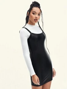SHEIN EZwear Solid PU Leather Bodycon Dress Without Tee - Black - View 4
