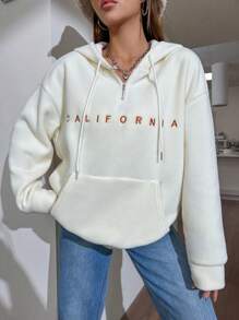 SHEIN Unity Thêu Chữ Túi kangaroo Thả vai Dây rút Hoodie - Màu be - Xem 1