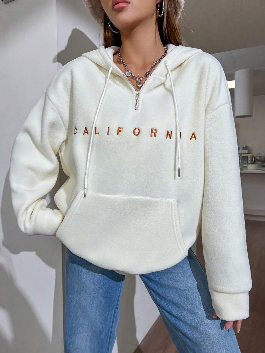 SHEIN Unity Thêu Chữ Túi kangaroo Thả vai Dây rút Hoodie - Màu be - Xem 1