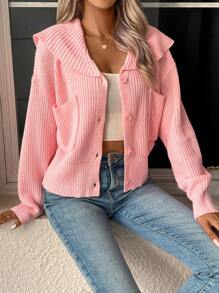 SHEIN Unity Sailor Collar Drop Shoulder Pocket Patched Cardigan - Pink - View 5
