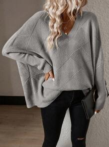 SHEIN Essnce 素色蝙蝠袖V領套頭毛衣 - 灰色 - 查看 4