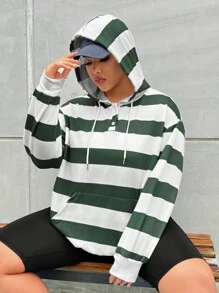 Flirla Plus Size Striped Print Drop Shoulder Drawstring Sweatshirt Pullover Fall Sweatshirt - Dark Green - View 3