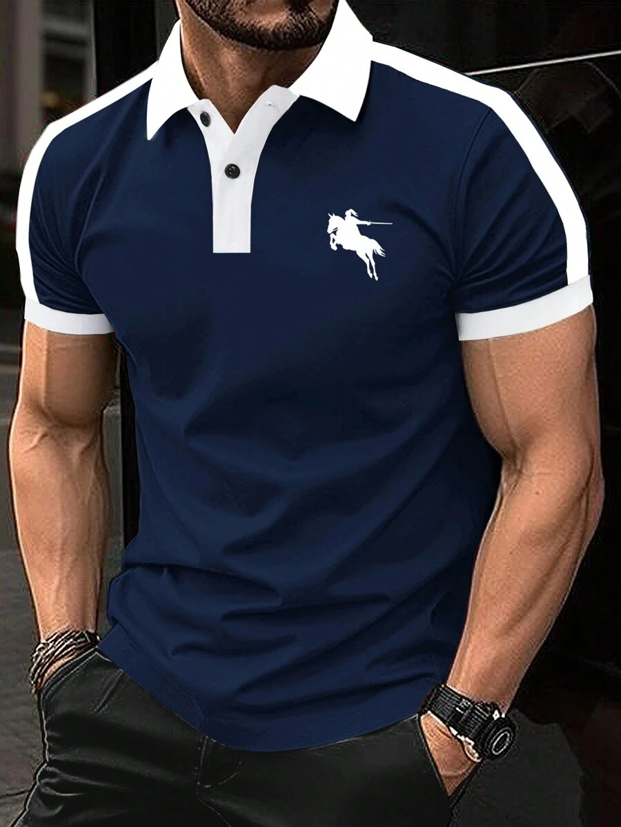 Calvornis Men Horse & Figure Graphic Contrast Side Seam Polo Shirt - Royal Blue - View 1