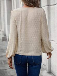 SHEIN LUNE 圓點半拉鏈燈籠袖襯衫 - 杏色 - 查看 2