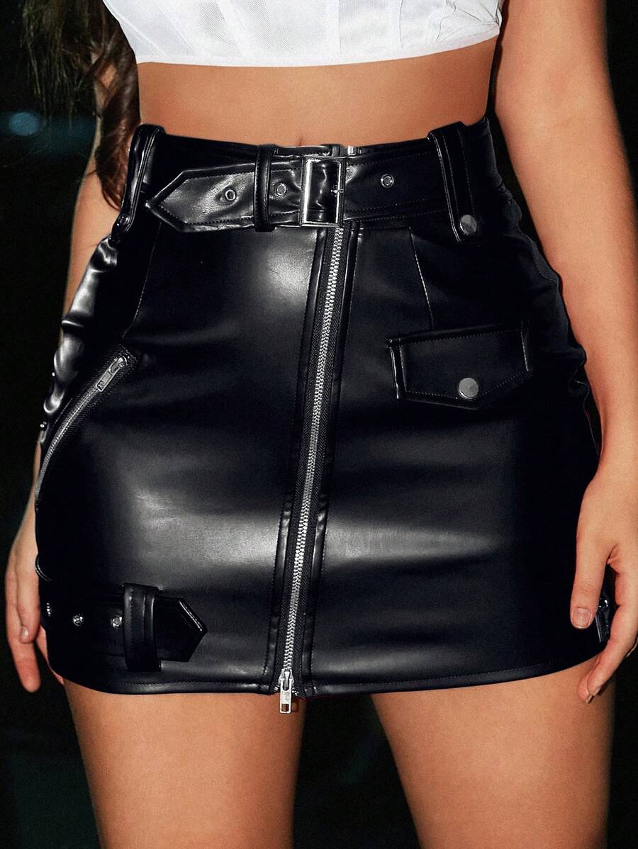 VaVaBold Zip Up Belted PU Leather Bodycon Skirt - Black - View 1