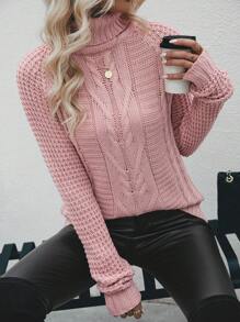 SHEIN LUNE Áo cao cổ Tay Raglan Xoắn Dan Áo len - Bụi hồng - Xem 6